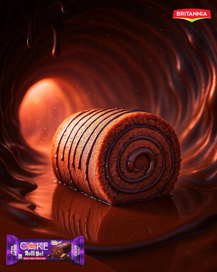 Creative ad: Chocolate swiss roll inside a swirling molten chocolate tunnel