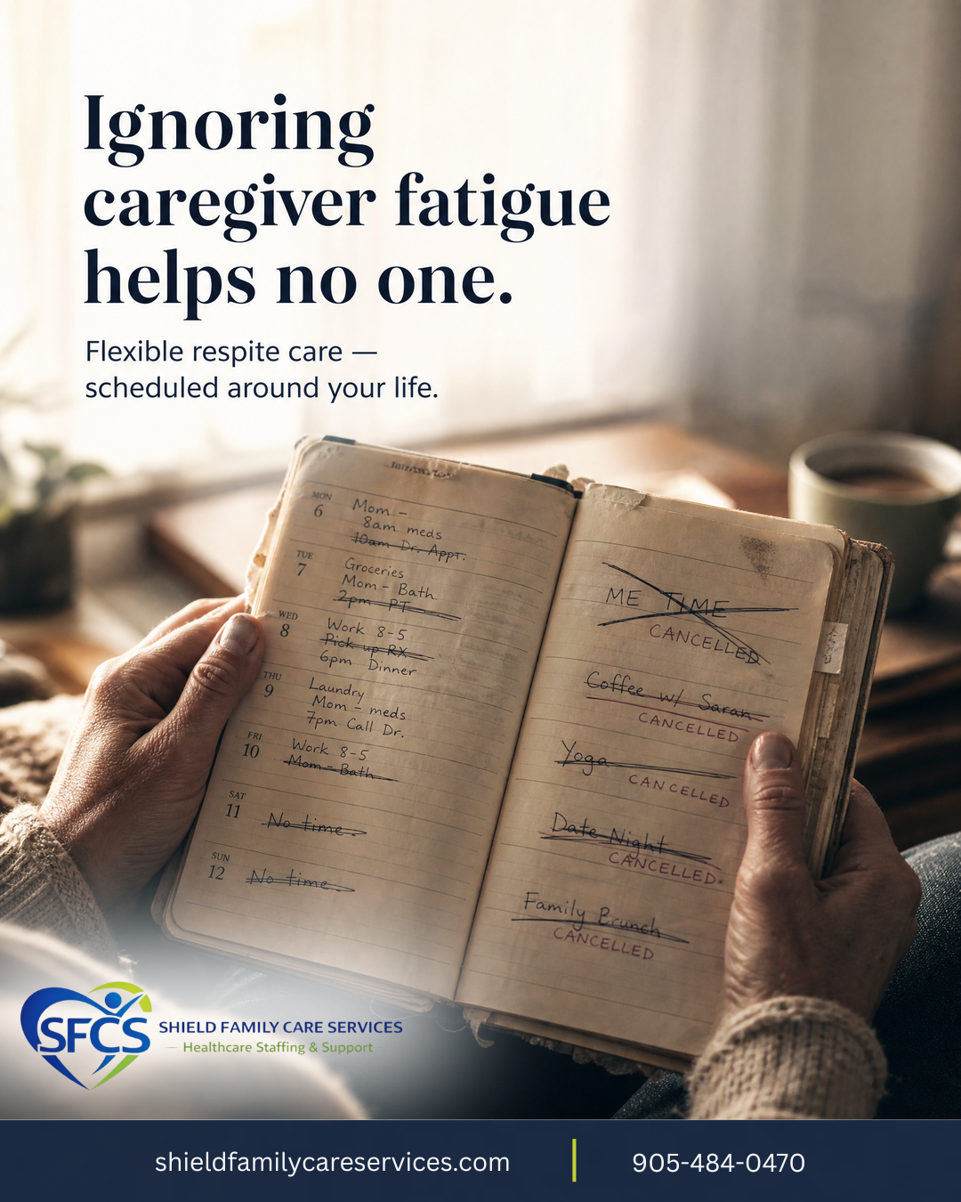Instagram post: Crossed-out planner shows caregiver fatigue