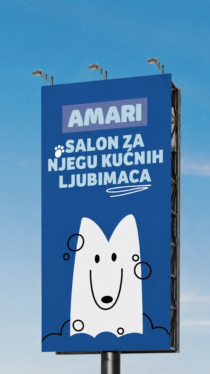 Pet Grooming creative ad: Billboard mockup, bubbly dog mascot illustration