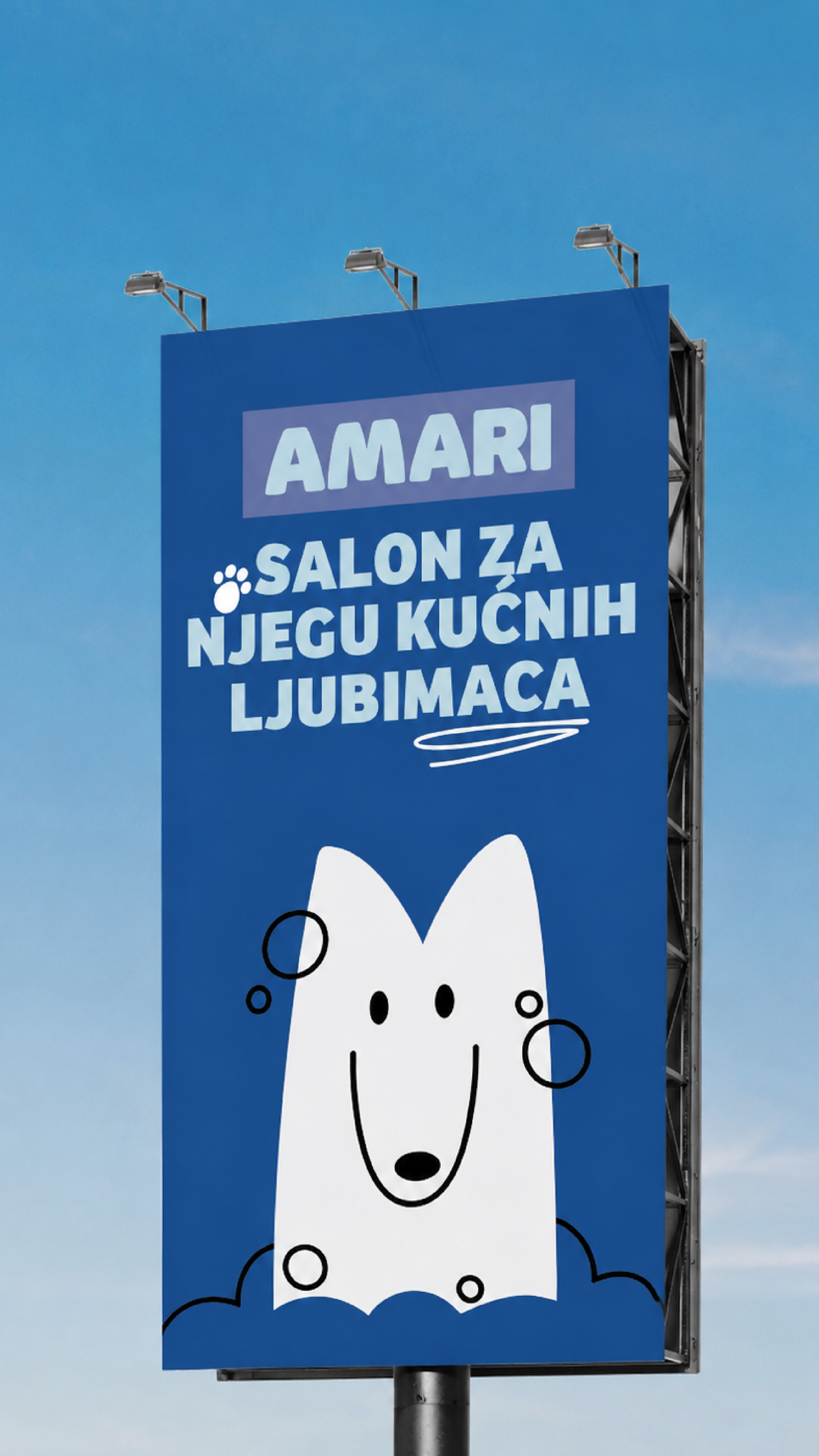 Story: Billboard mockup, bubbly dog mascot illustration