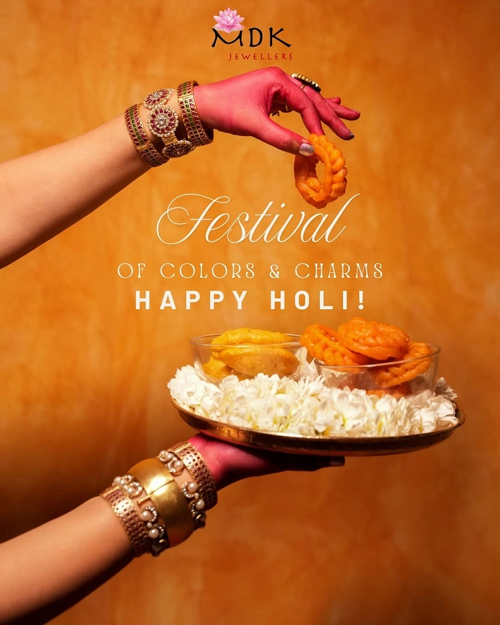 Holi creative ad: Jewelled hands with pink-stained skin holding a jalebi and a sweets platter