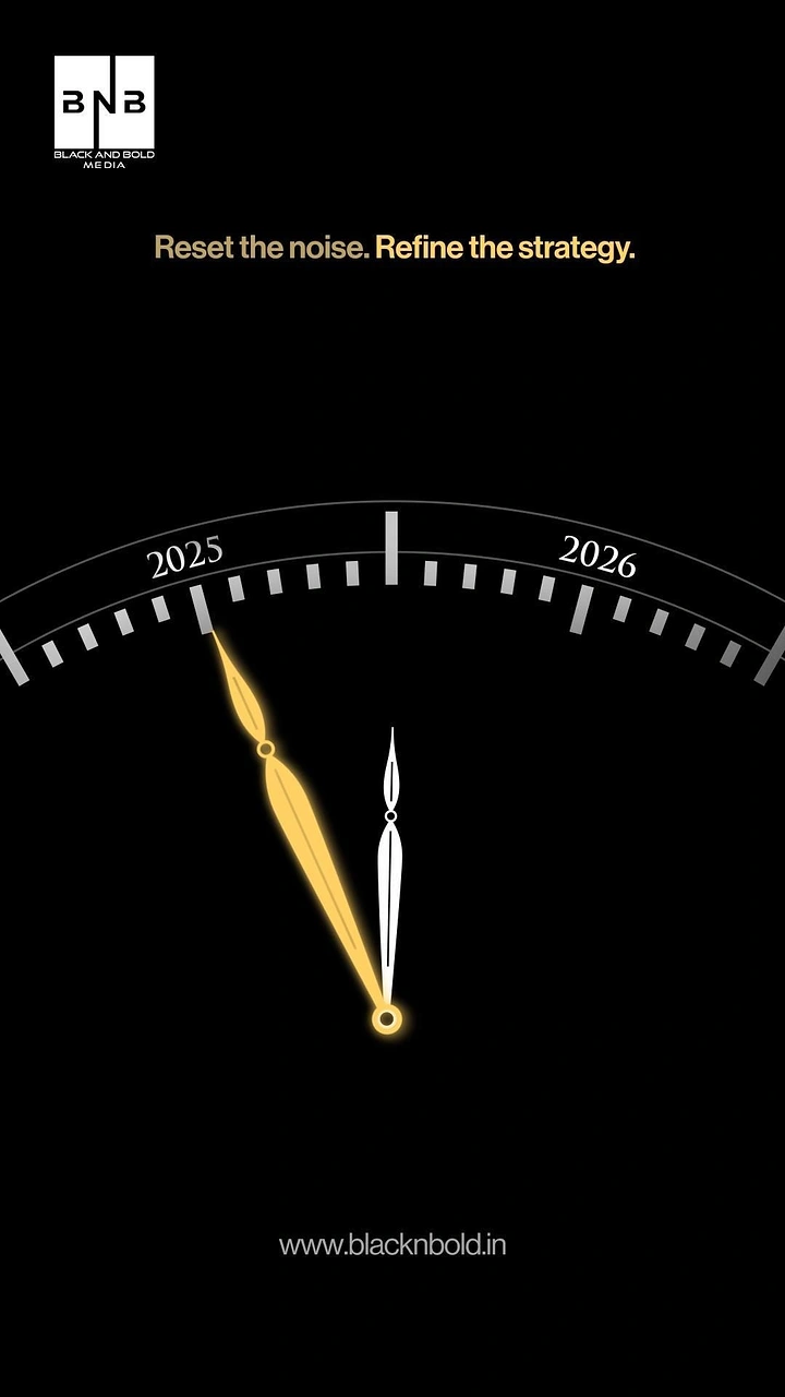 New Year creative ad: Clock dial arc with golden hand moving from 2025 toward 2026