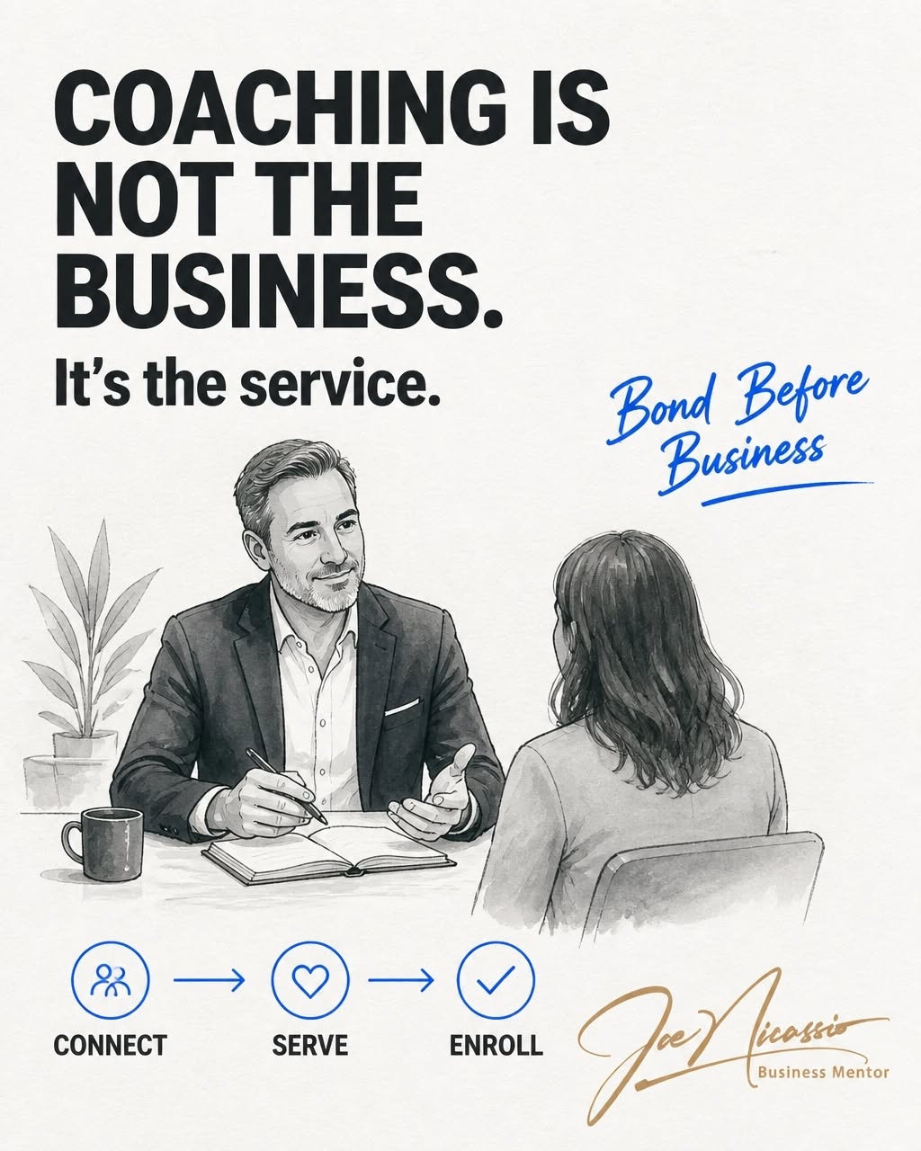 Instagram post: Witty service-versus-business copy, strong illustration