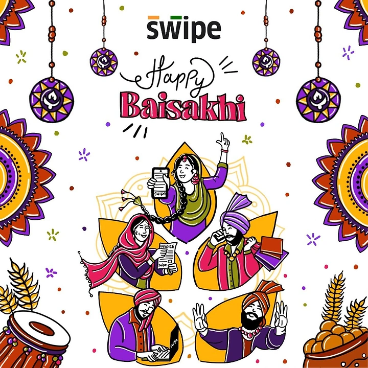 other-festival creative ad: Illustrated Punjabi characters using phone, invoice and laptop
