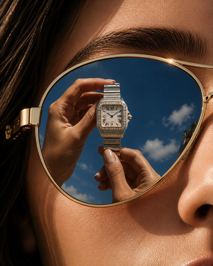 Jewellery creative ad: Watch reflected in a close-up of a woman's gold aviator lens