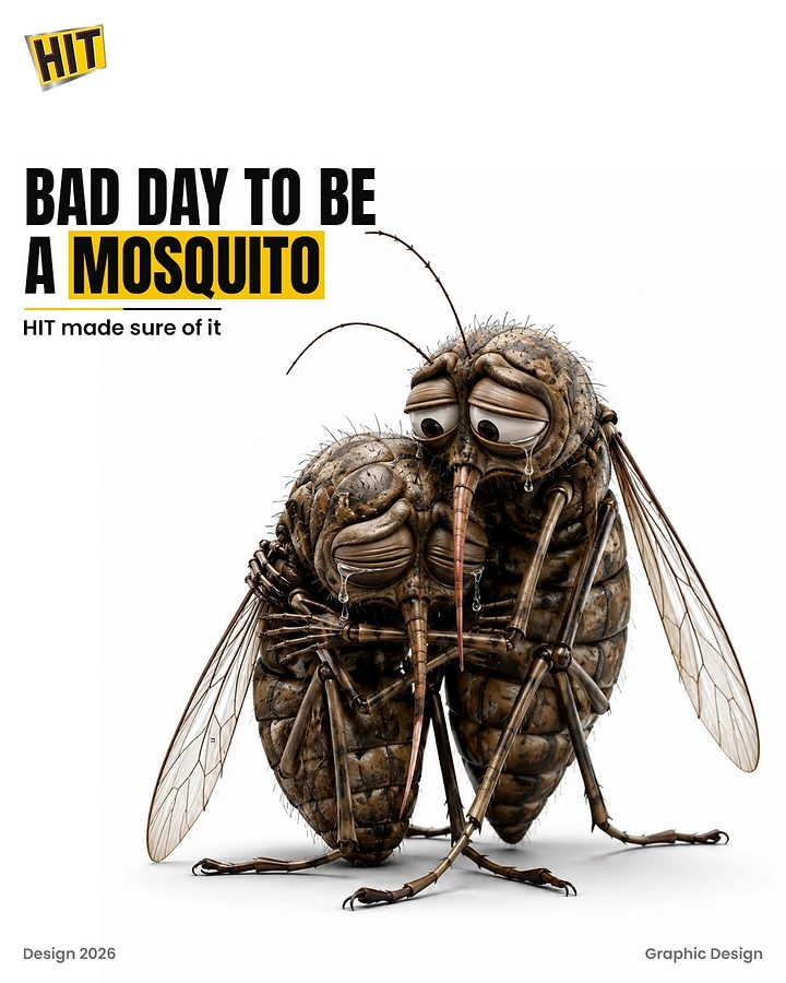 Pest Control creative ad: Two sad, crying 3D mosquitoes hugging each other