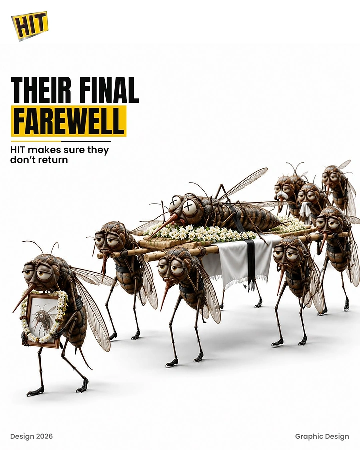 Pest Control creative ad: Cartoon mosquitoes carrying a dead mosquito on a bier