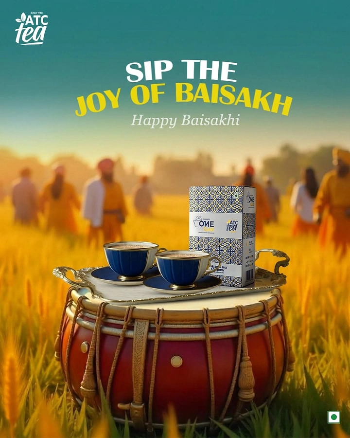 other-festival creative ad: Tea cups and a tea box on a silver tray atop a dhol
