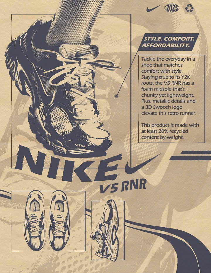 Creative ad: Halftone-engraved close-up of a chunky retro running shoe