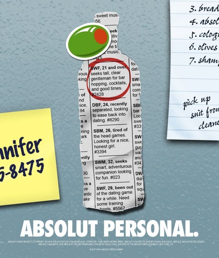 Poster: Bottle silhouette torn from newspaper personal ads, pinned to a wall