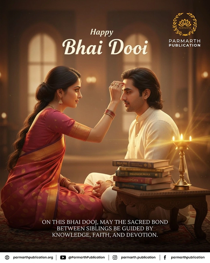 Bhai Dooj creative ad: Sister applying tilak to her brother in a warmly lit library-like interior