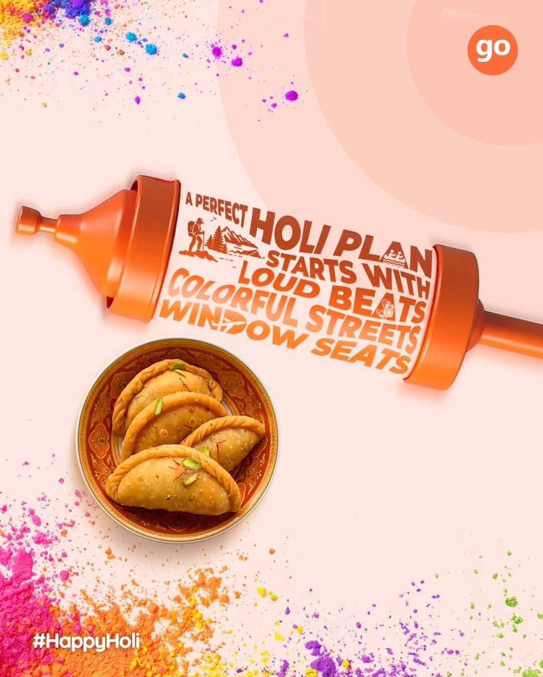 Holi Instagram post: Ornate brass pichkari with a pink condom-like water balloon at its tip, slide 4