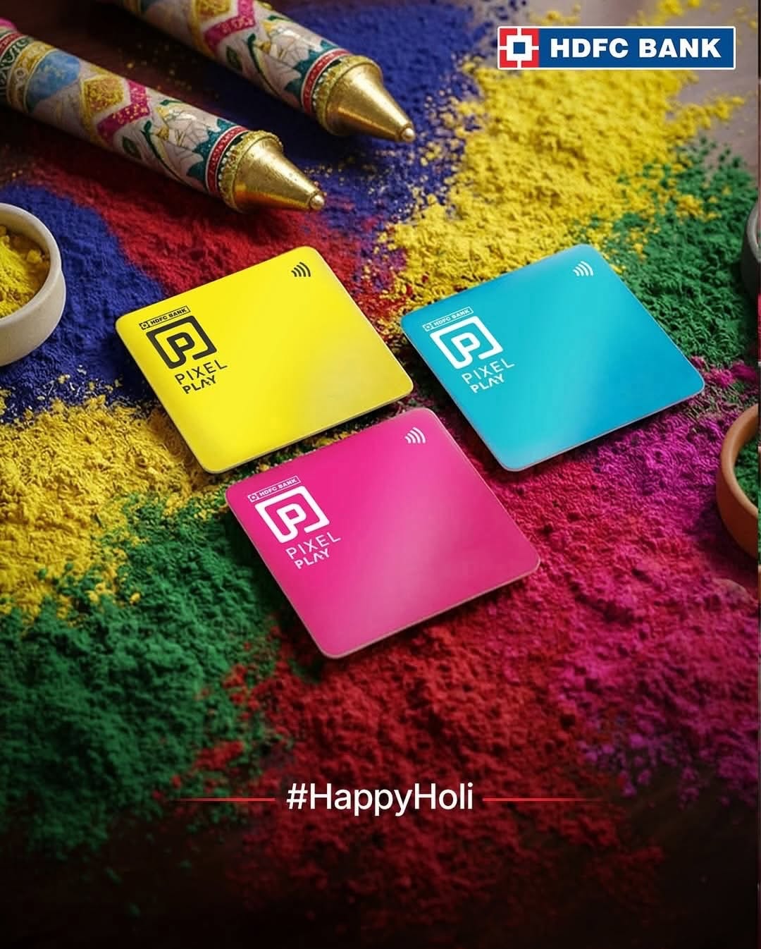 Holi Instagram post: Ornate brass pichkari with a pink condom-like water balloon at its tip, slide 10