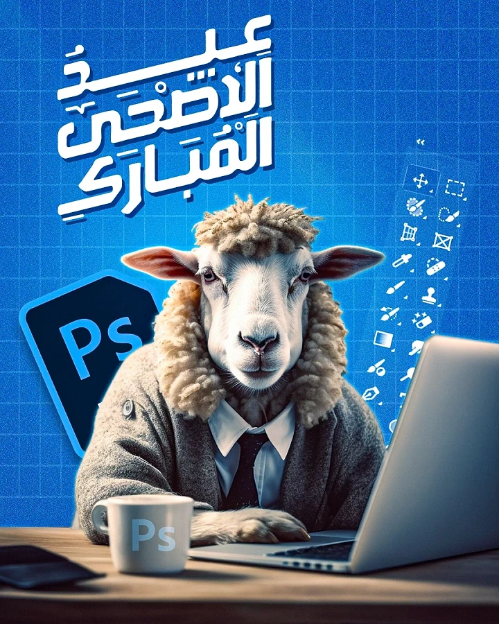 Eid creative ad: Sheep in a suit working on a laptop