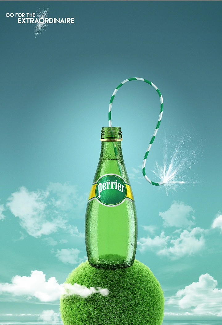 Packaged Drinking Water creative ad: Bottle and striped straw form playful sculpture