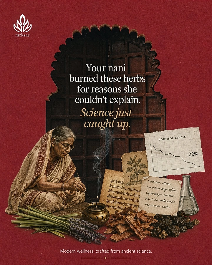 Wellness & Ayurveda creative ad: Grandmother lighting incense beside herbs and science notes