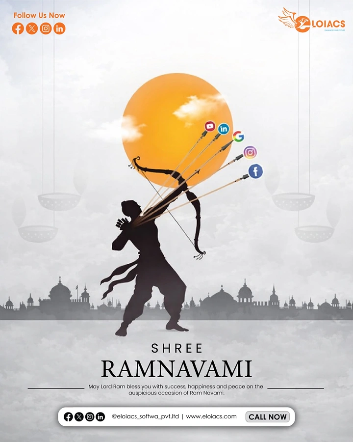 other-festival creative ad: Silhouette of Lord Ram firing arrows tipped with social media logos toward an orange sun