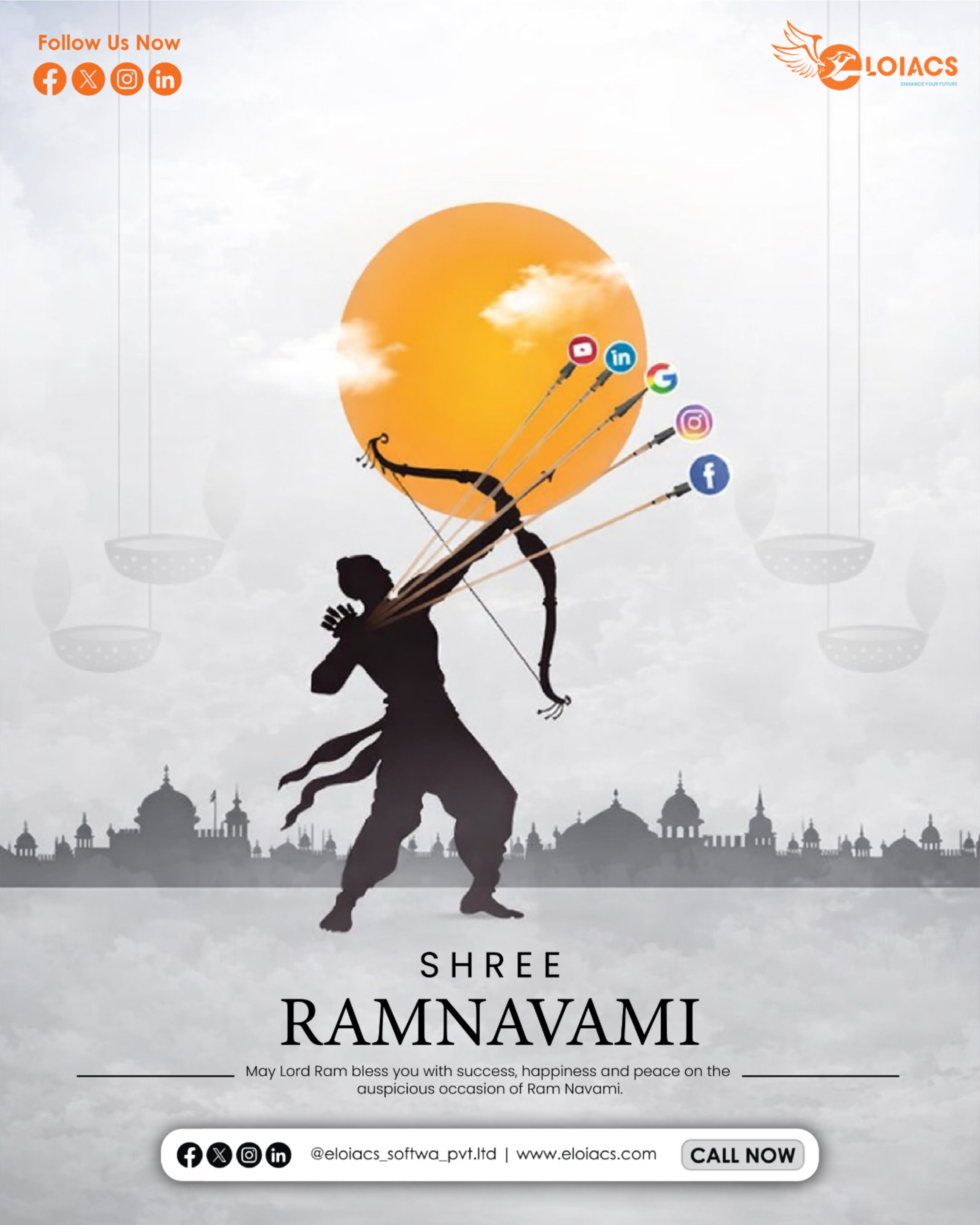 Silhouette of Lord Ram firing arrows tipped with social media logos toward an orange sun