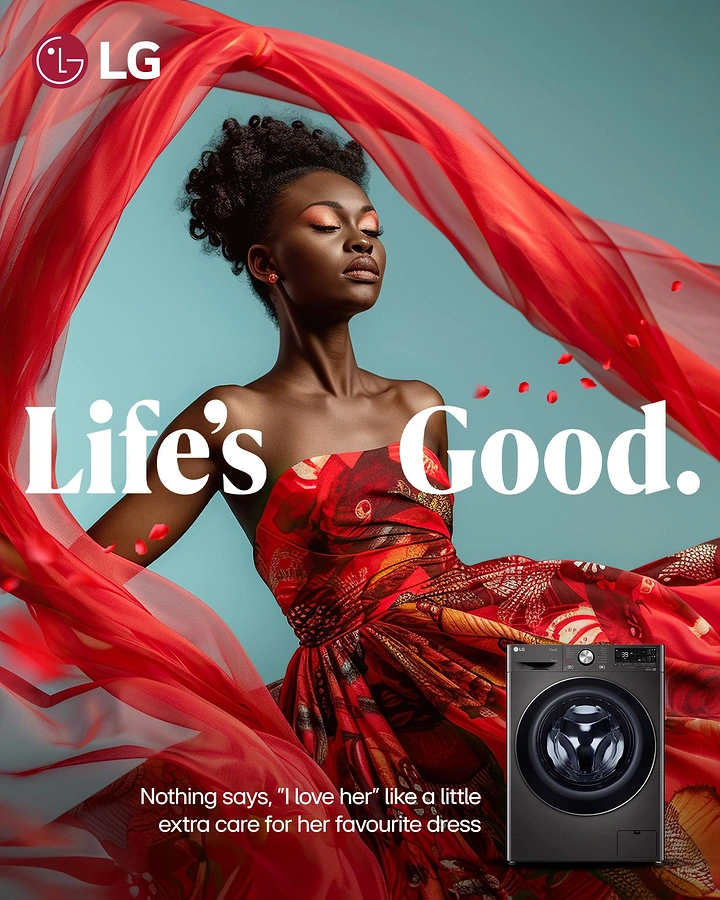 Home Appliances creative ad: Elegant woman in a red dress framed by flowing fabric