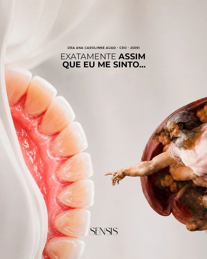 Dental creative ad: Veneer dental arch meeting a Renaissance creator figure's pointing hand