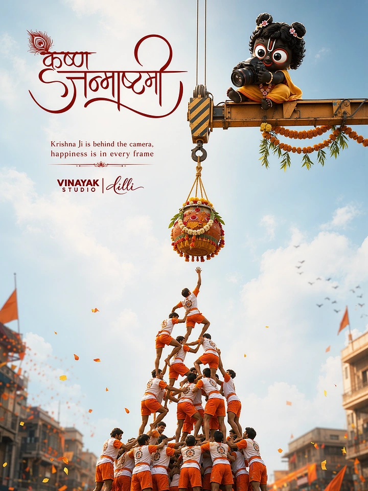 Janmashtami creative ad: Dahi handi human pyramid with a cute Jagannath-style figure holding a camera on a crane