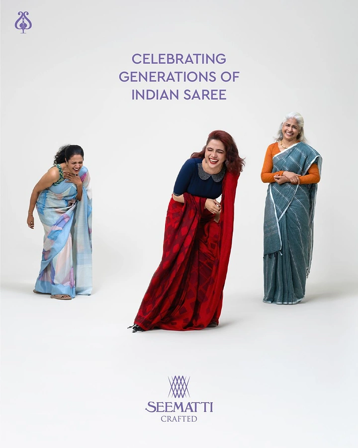 Ethnic Wear & Sarees creative ad: Three generations in sarees, clean minimal