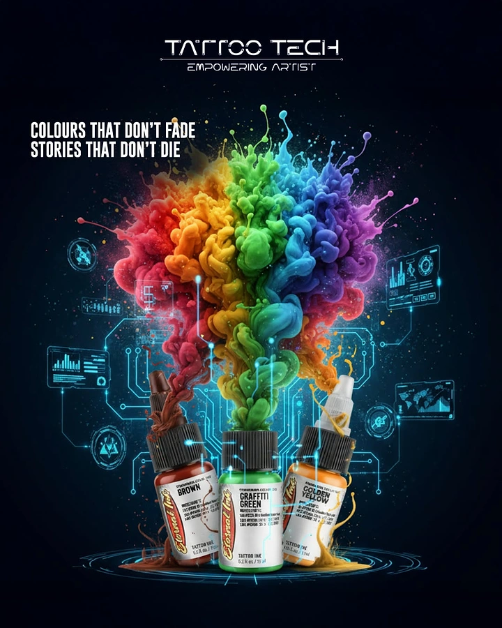 Tattoo Studios creative ad: Ink bottles erupting rainbow smoke, tech motif