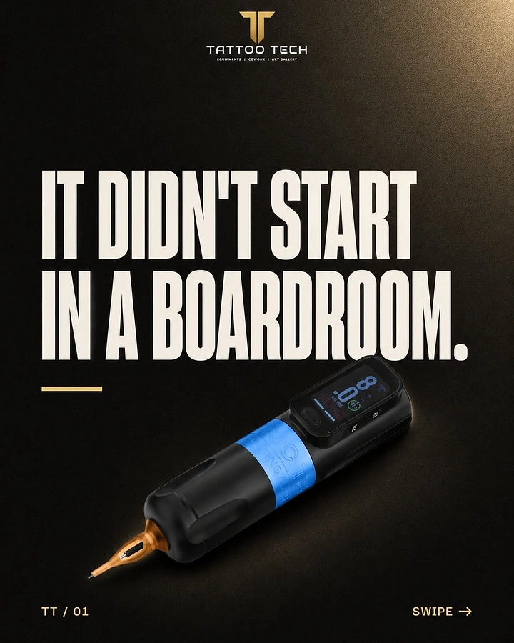 Tattoo Studios creative ad: Witty 'not a boardroom' origin carousel