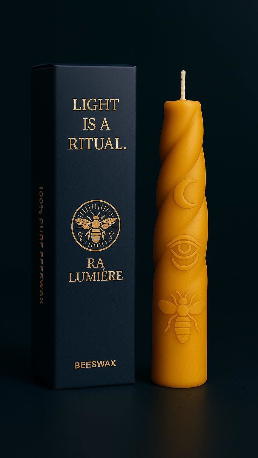 Dussehra Poster: Sculptural golden beeswax candle beside its dark box