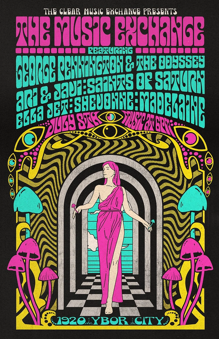 Creative ad: Pink-haired woman in draped gown walking through arched corridor