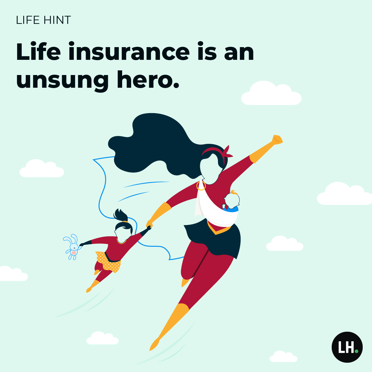 Mother's Day Instagram post: Superhero mom flying with her kids