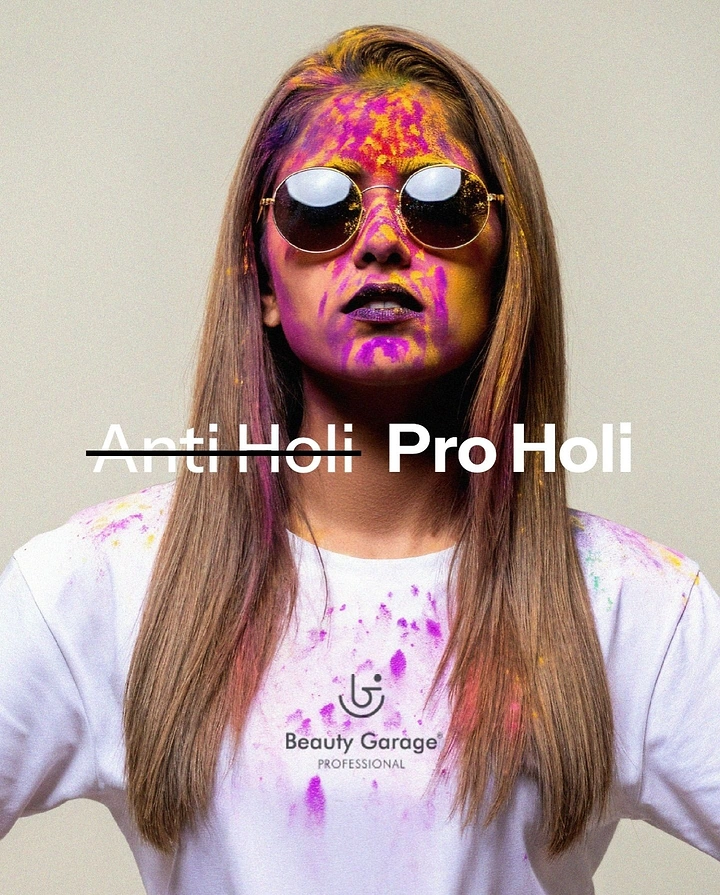 Holi creative ad: Woman in sunglasses with Holi colour on her face and long straight hair