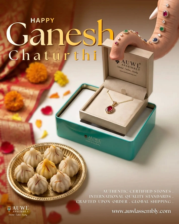 Ganesh Chaturthi creative ad: Ganesha trunk adorned with gems lifting lid of jewellery box beside modak plate
