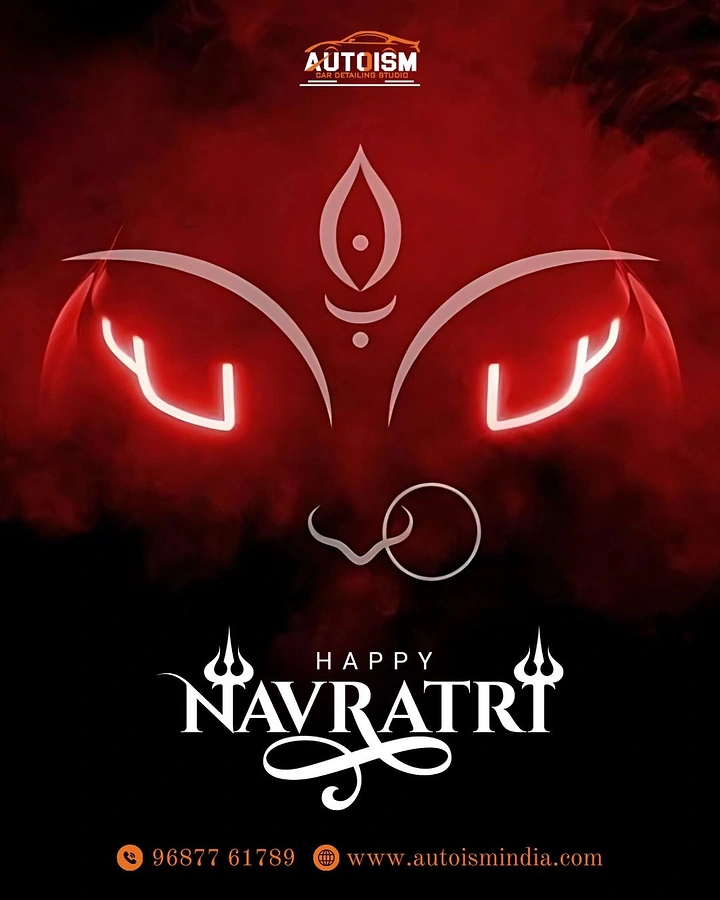 Navratri creative ad: Goddess Durga face made from glowing car headlights