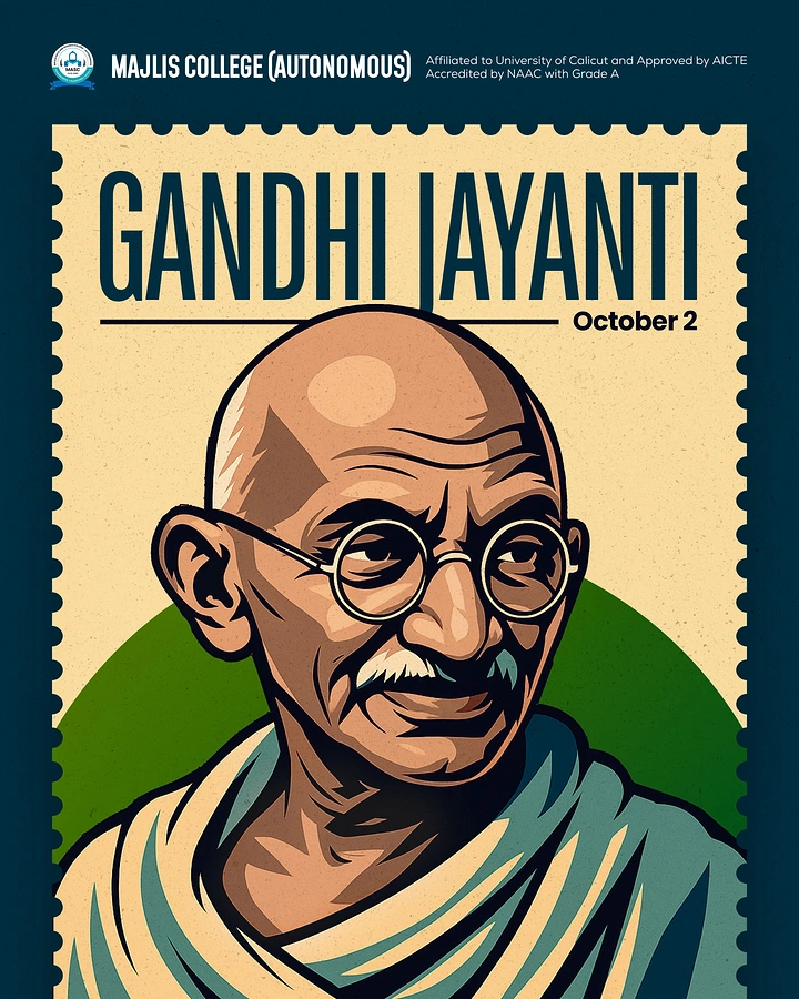 Gandhi Jayanti creative ad: Illustrated Gandhi portrait framed as a vintage postage stamp