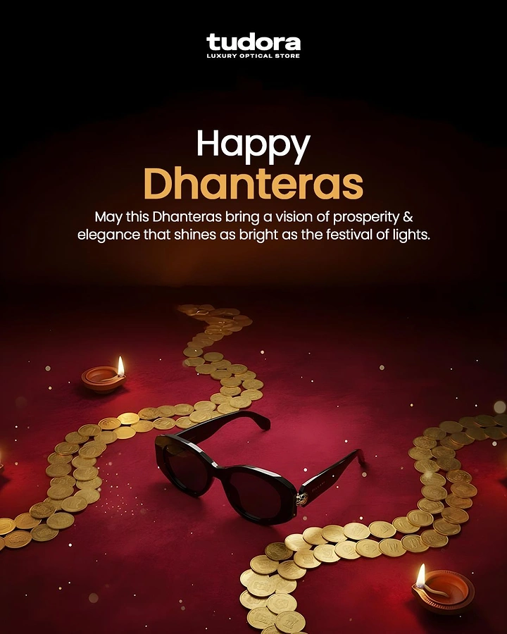 Dhanteras creative ad: Luxury sunglasses surrounded by winding trails of gold coins