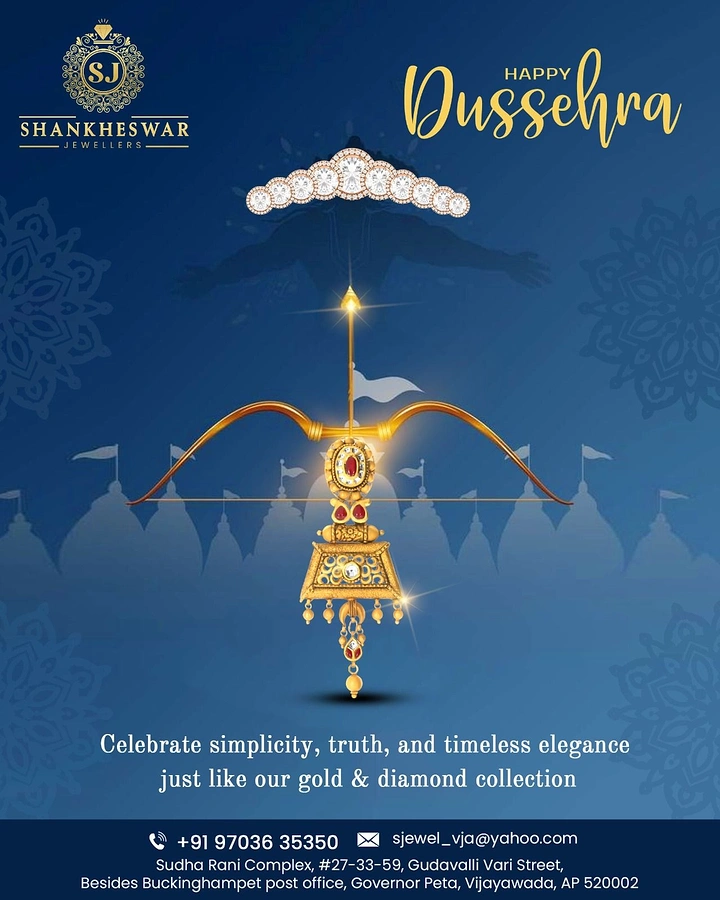 Dussehra creative ad: Ornate gold bow with a suspended jeweled pendant