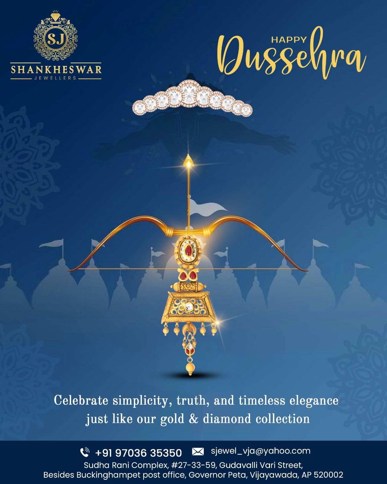 Dussehra Story: Ornate gold bow with a suspended jeweled pendant