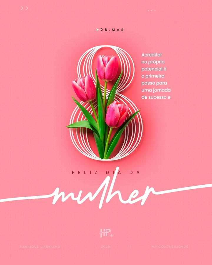 Women's Day creative ad: Pink tulip bouquet inside a white linear figure 8