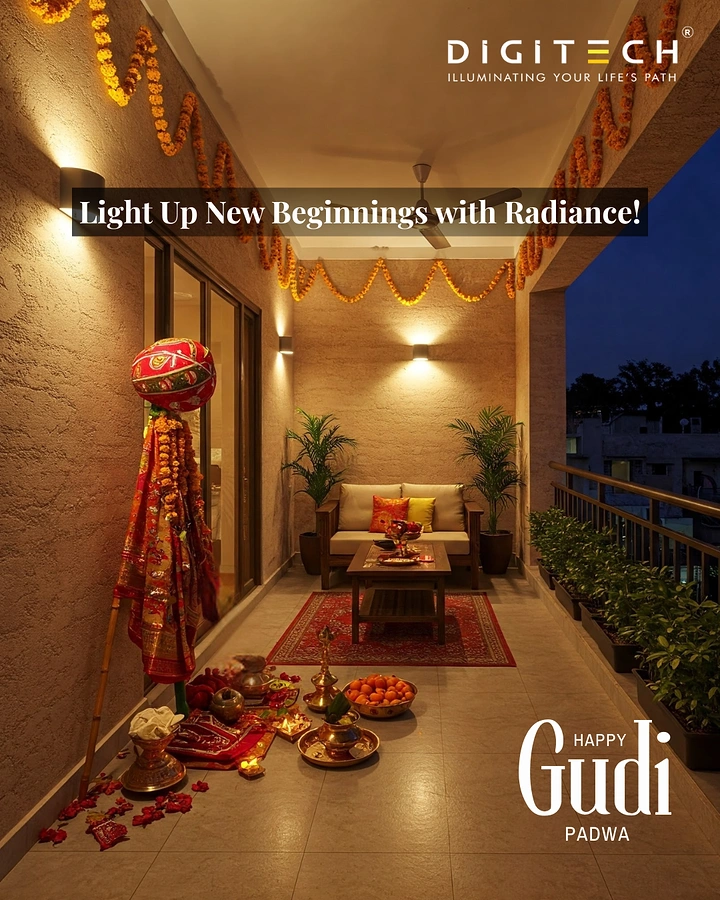 other-festival creative ad: Warmly lit balcony decorated with gudi and puja setup