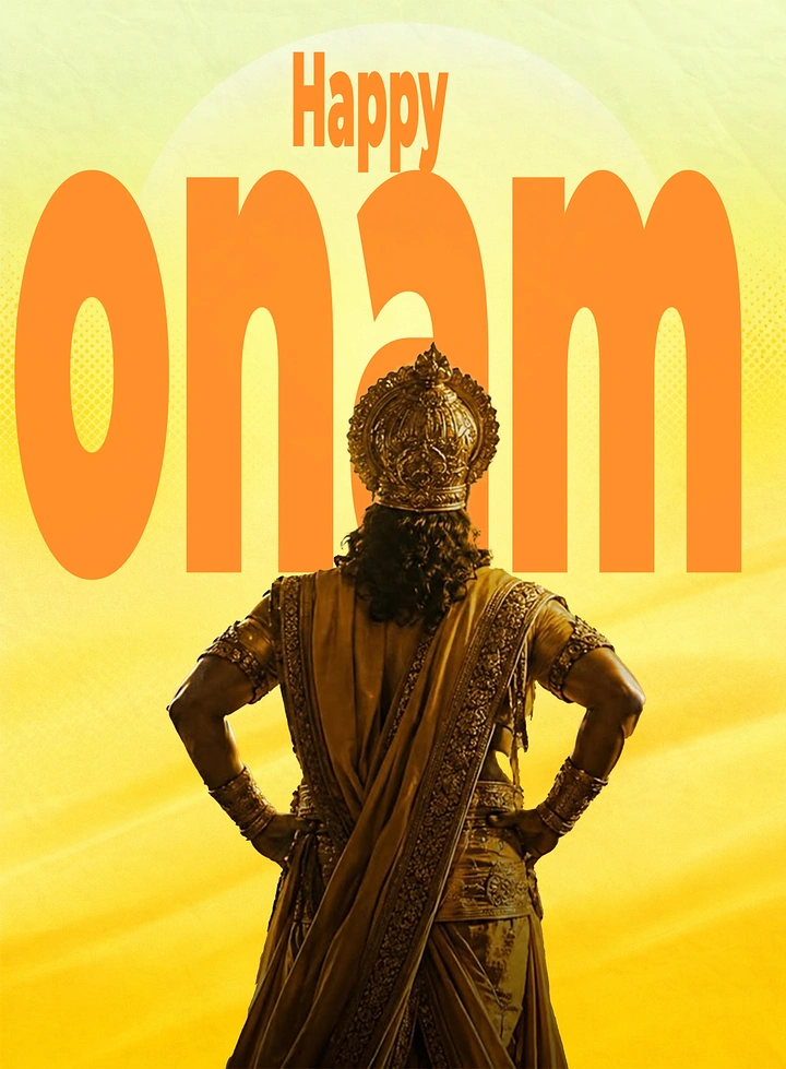 Onam creative ad: Back view of a regal king with hands on hips