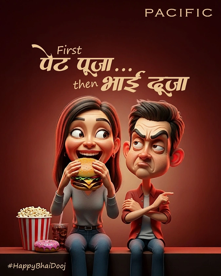 Bhai Dooj creative ad: 3D cartoon sister biting a burger while her annoyed brother sits beside her