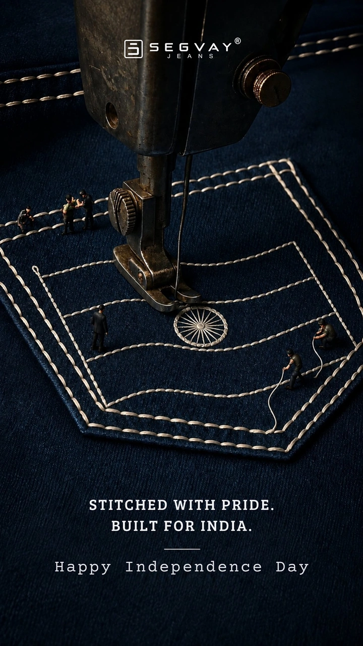 Independence Day creative ad: Sewing machine stitching a flag and chakra onto a denim pocket, with miniature workers