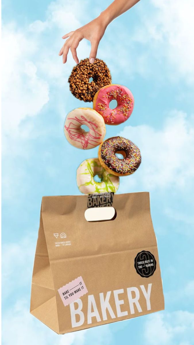 Story: Suspended donuts fall playfully into bakery bag