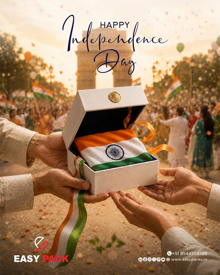 Independence Day creative ad: Hands passing an open gift box holding a folded Indian flag
