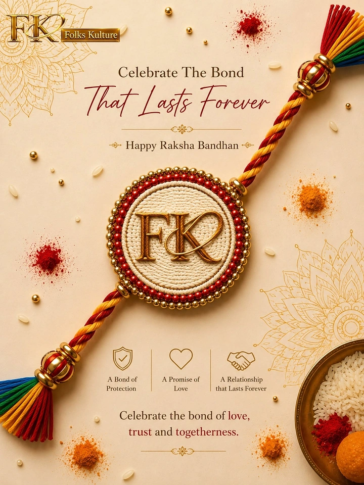 Raksha Bandhan creative ad: Photoreal thread rakhi with an embroidered monogram centrepiece, laid diagonally