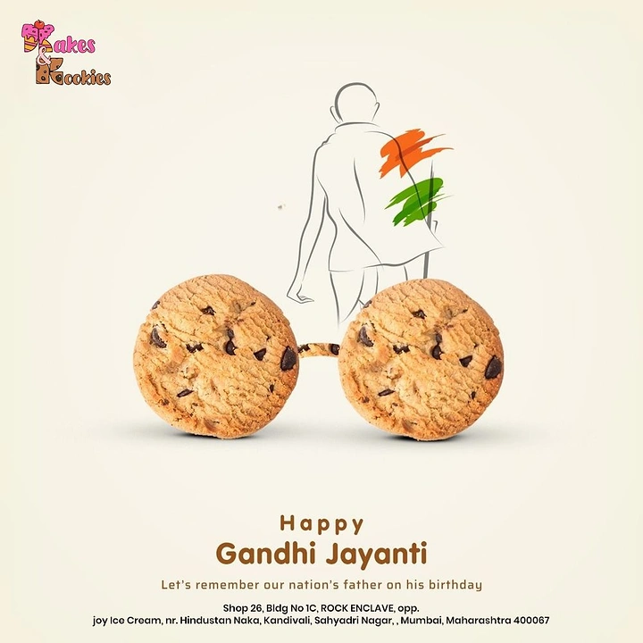 Gandhi Jayanti creative ad: Two chocolate-chip cookies forming Gandhi's round spectacles below a line-art Gandhi
