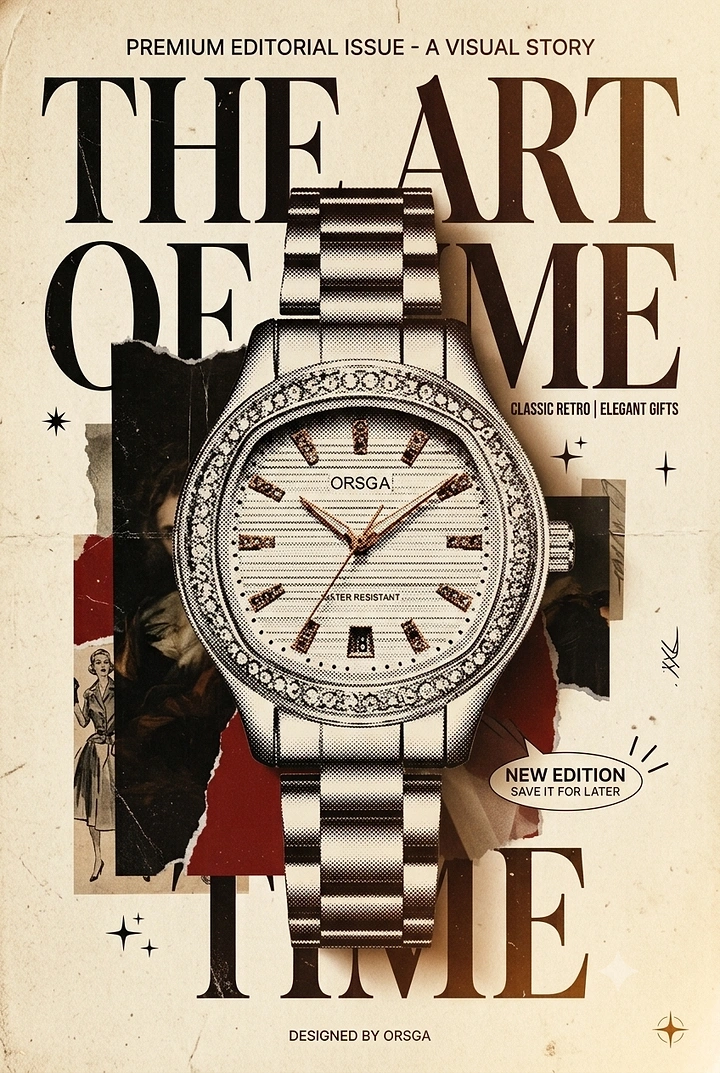 Creative ad: Halftone diamond-bezel steel wristwatch over torn-paper collage