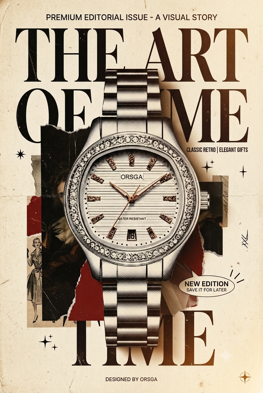 Poster: Halftone diamond-bezel steel wristwatch over torn-paper collage
