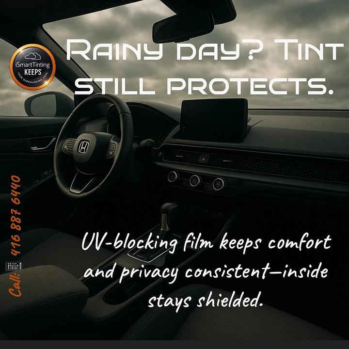 Window Tinting & Car Wraps creative ad: Rainy-day protection message fits interior scene
